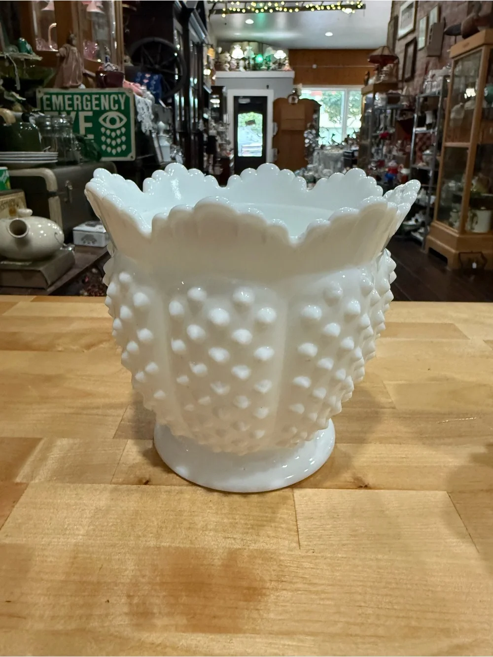 Large Fenton White Hobnail Milk Glass Scalloped Vase - Decorative Planter
